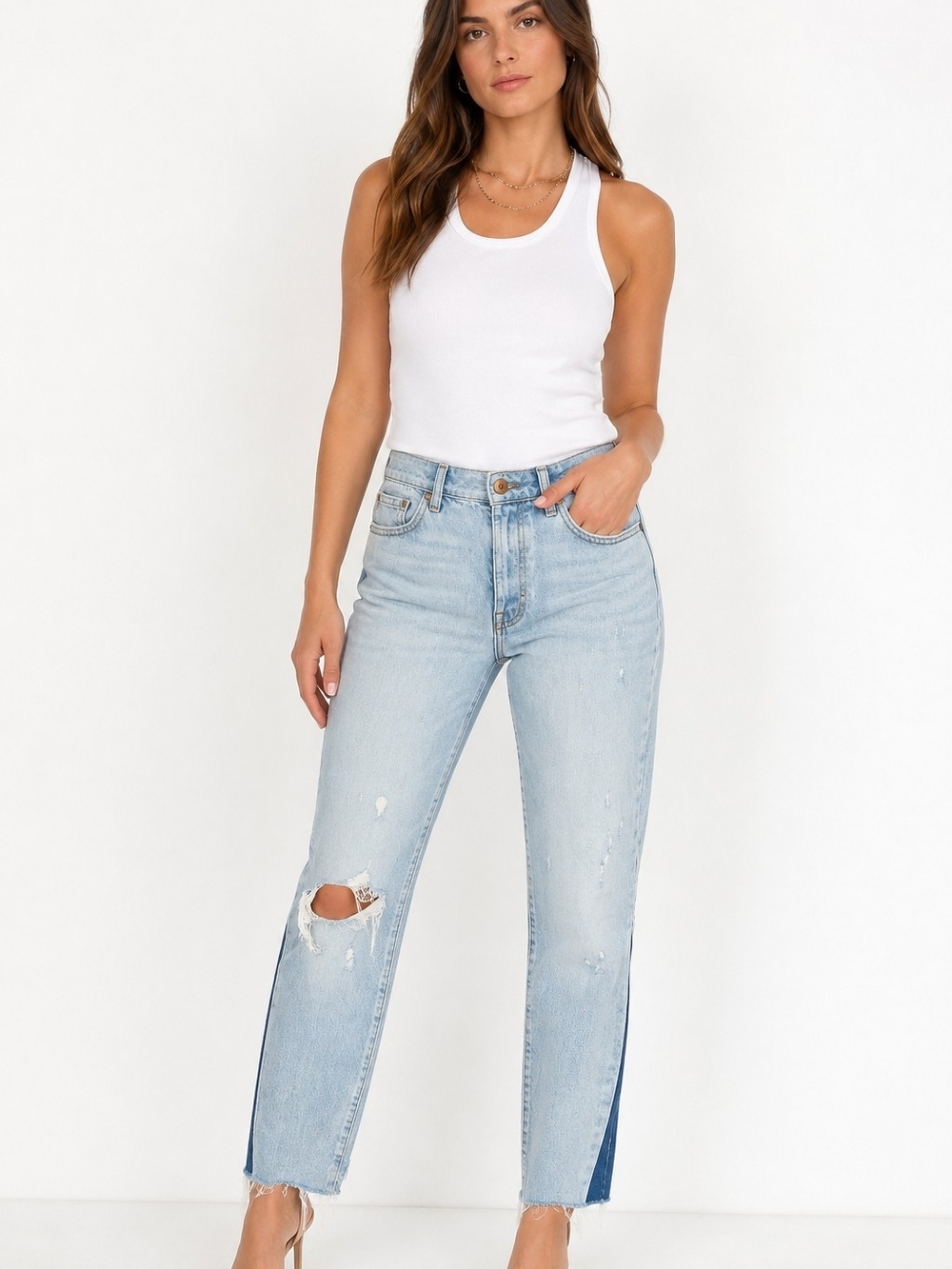 Pistola Light Blue High-Rise Straight Jeans with  Blue Side Panel Women's 29